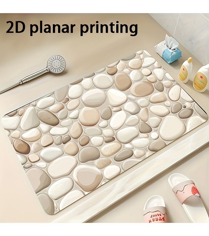 1pc Natural Pebble Texture Bath Mat 90x60cm Beige Anti Slip Quick Drying Bathroom Floor Mat Diatomite Technology Soft Rubber Backing Suitable For Bathrooms Showers Spas Kitchens - Image 1