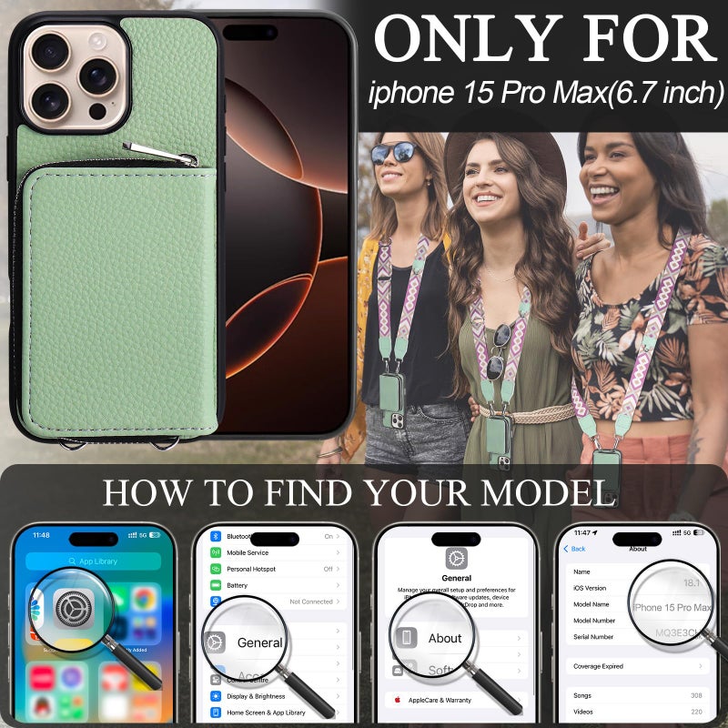 XANGNIER Wallet Case for iPhone 15 Pro Max, RFID Blocking PU Leather Crossbody Phone Purse with Card Holder, Zipper Pocket, Wrist Strap & Adjustable Lanyard for Women 6.7" 5G, Green - Image 4
