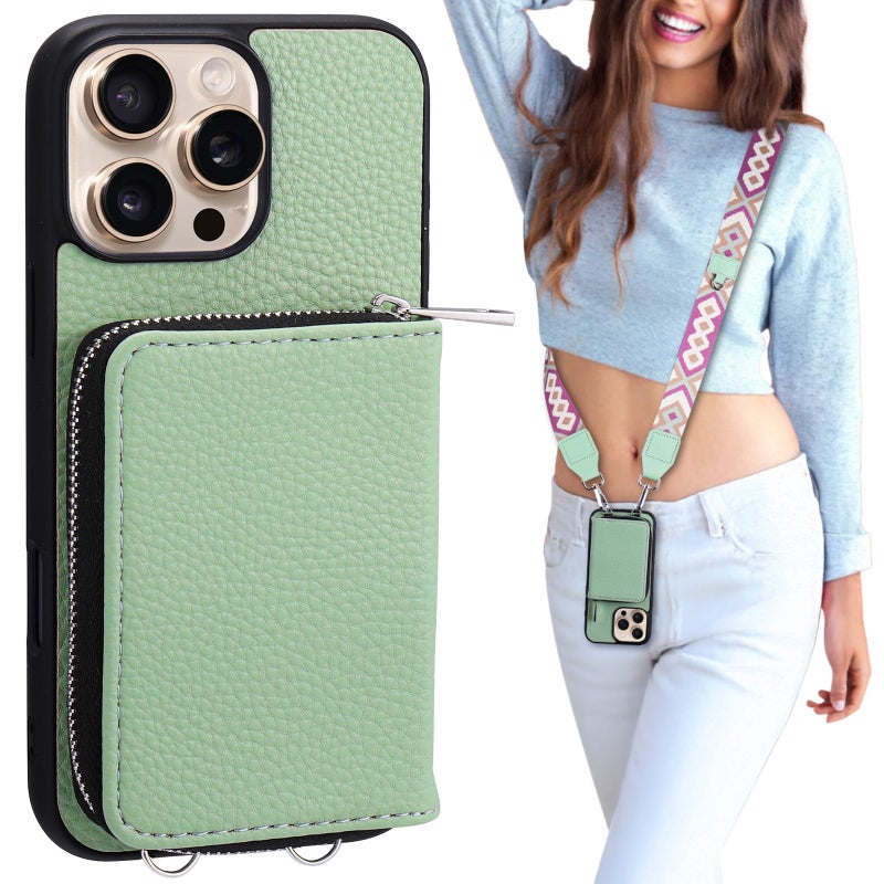 XANGNIER Wallet Case for iPhone 15 Pro Max, RFID Blocking PU Leather Crossbody Phone Purse with Card Holder, Zipper Pocket, Wrist Strap & Adjustable Lanyard for Women 6.7" 5G, Green - Image 1