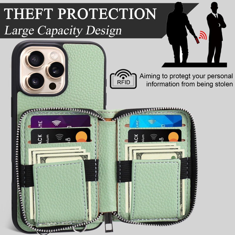 XANGNIER Wallet Case for iPhone 15 Pro Max, RFID Blocking PU Leather Crossbody Phone Purse with Card Holder, Zipper Pocket, Wrist Strap & Adjustable Lanyard for Women 6.7" 5G, Green - Image 3