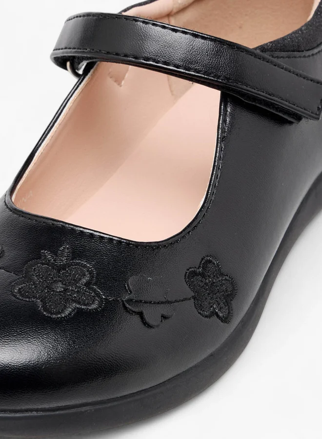 Flora Bella By Shoexpress Girls Floral Embroidered Mary Jane School Shoes with Hook and Loop Closure