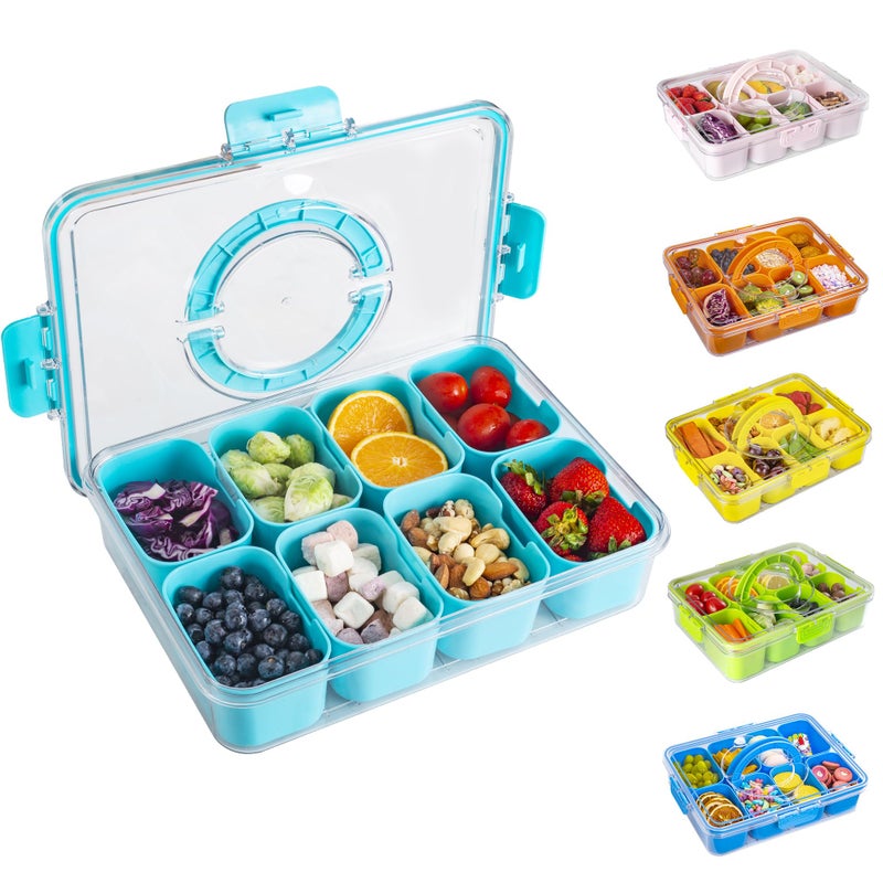WACOI Divided Snack Serving Tray with Lid and Handle Travel Snackle Charcuterie Container Portable Storage Organizer for Candy Fruits Nuts Snacks Party Picnic 1pack Lake blue