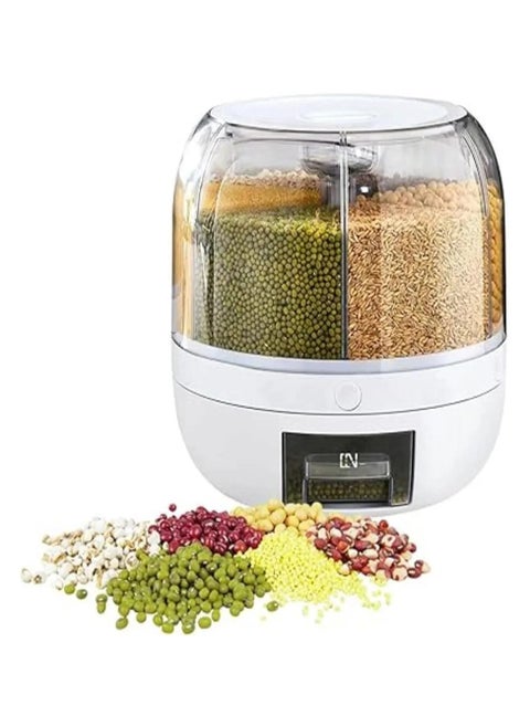 6-Grid Round Food Dispenser 360° Rotating Food Bucket Transparent Rice Storage Container Rotatable Dry Food Fruit Cereal Storage Box Sealed Rice Storage Container with Lid for Home and Kitchen(White)