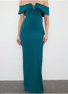 trendyol Emerald Green Fitted Woven Long Evening Dress TPRSS24AE00007  - Image 3