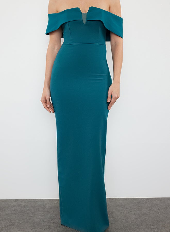 trendyol Emerald Green Fitted Woven Long Evening Dress TPRSS24AE00007  - Image 3