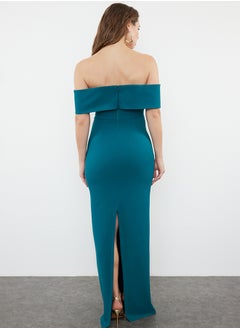 trendyol Emerald Green Fitted Woven Long Evening Dress TPRSS24AE00007  - Image 5