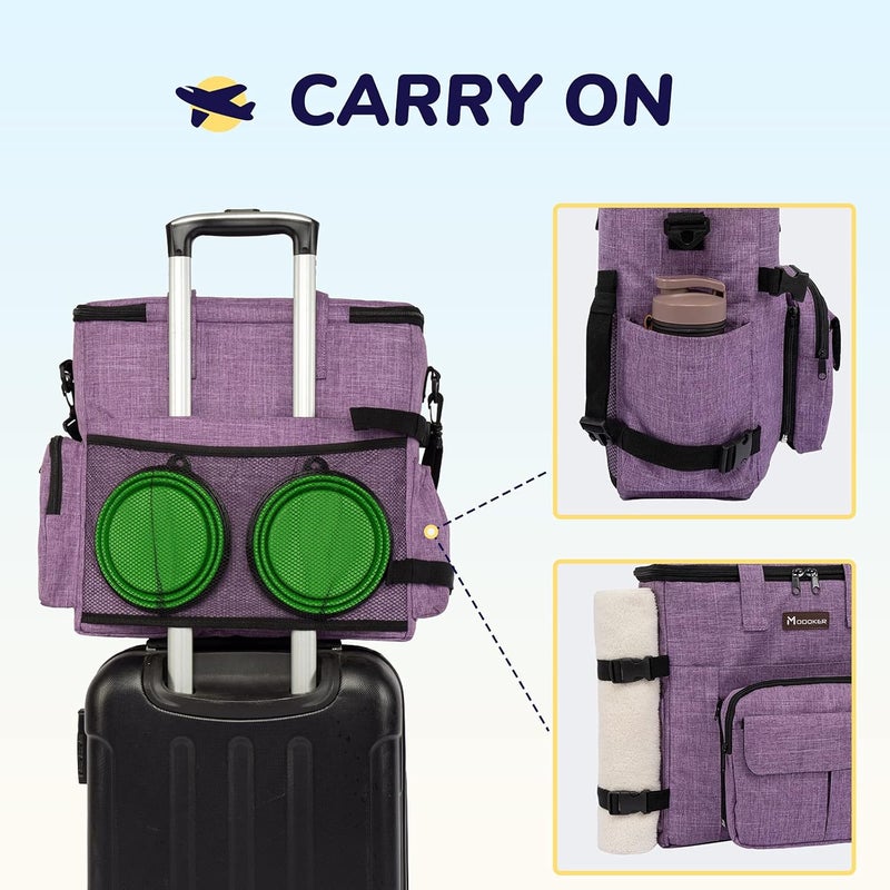 Modoker Dog Travel Organizer Carriers for Supplies & Accessories, Airline Approved Cat Pet Travel Bag, 2 Collapsible Bowls, 2 Travel Dog Food Container, Purple - Image 5