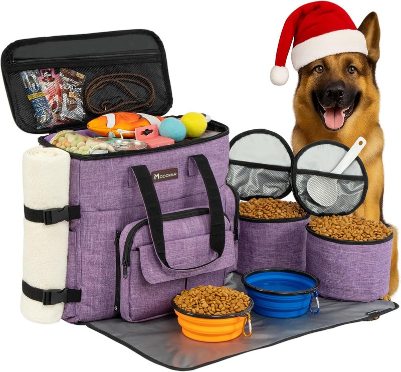 Modoker Dog Travel Organizer Carriers for Supplies & Accessories, Airline Approved Cat Pet Travel Bag, 2 Collapsible Bowls, 2 Travel Dog Food Container, Purple - Image 1