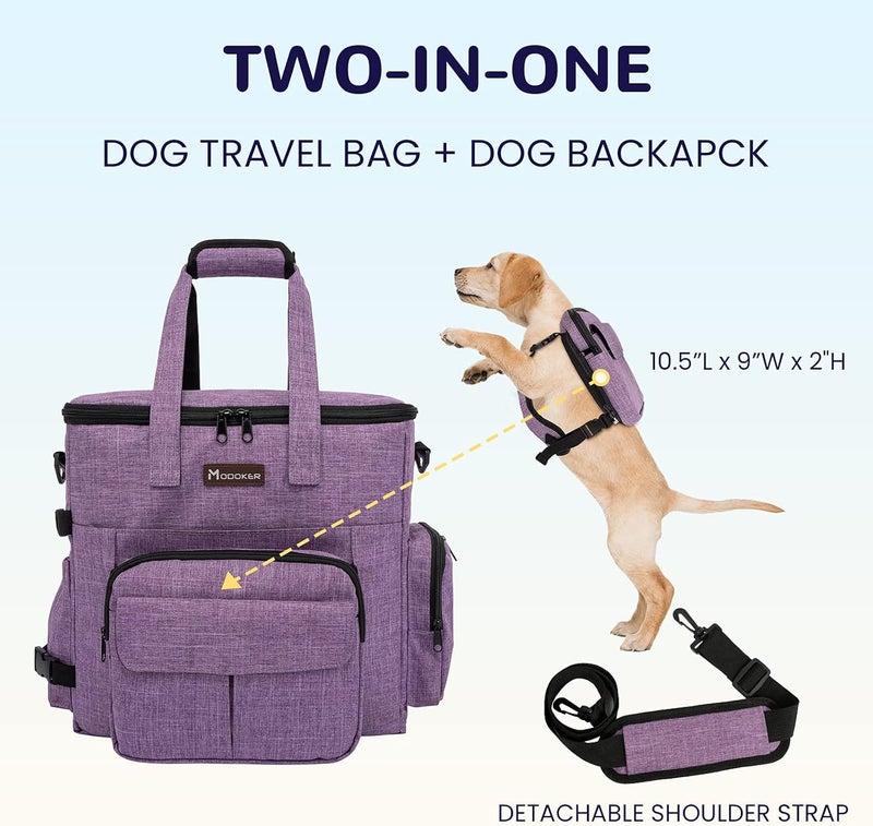 Modoker Dog Travel Organizer Carriers for Supplies & Accessories, Airline Approved Cat Pet Travel Bag, 2 Collapsible Bowls, 2 Travel Dog Food Container, Purple - Image 2
