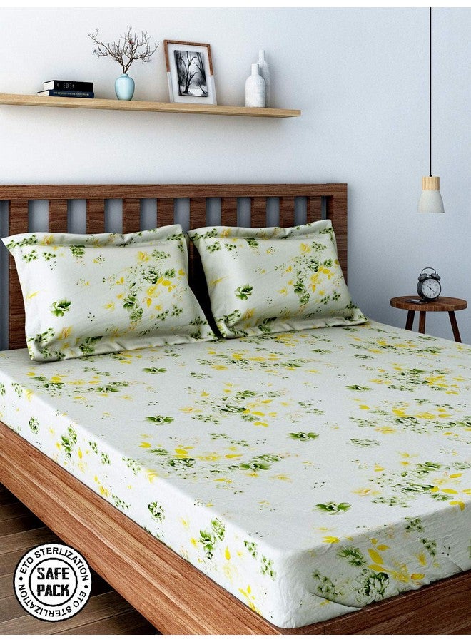 Swayam Swayam Veda Collection Premium Cotton 160 TC Floral Print Cotton Double Bed Sheet with 2 Pillow Cover - Off White/Yellow/Green  - Image 1