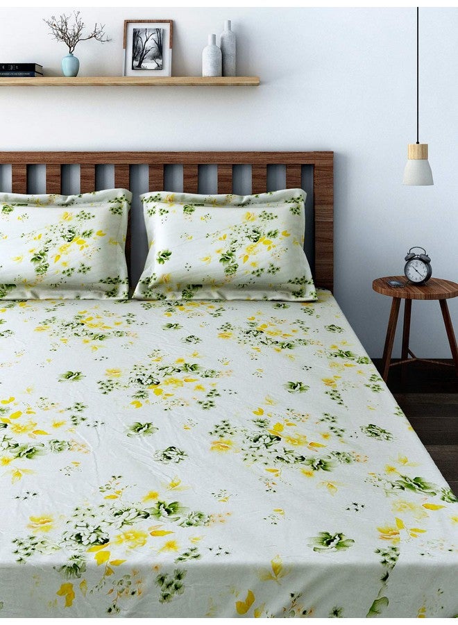 Swayam Swayam Veda Collection Premium Cotton 160 TC Floral Print Cotton Double Bed Sheet with 2 Pillow Cover - Off White/Yellow/Green  - Image 2