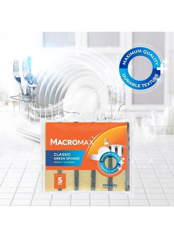 Macromax Classic Green Sponge – 5 Pieces Set | Dual Layer Dishwashing Sponge for Kitchen, Pots & Pans - Image 2