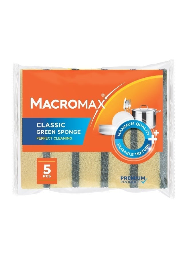 Macromax Classic Green Sponge – 5 Pieces Set | Dual Layer Dishwashing Sponge for Kitchen, Pots & Pans - Image 1