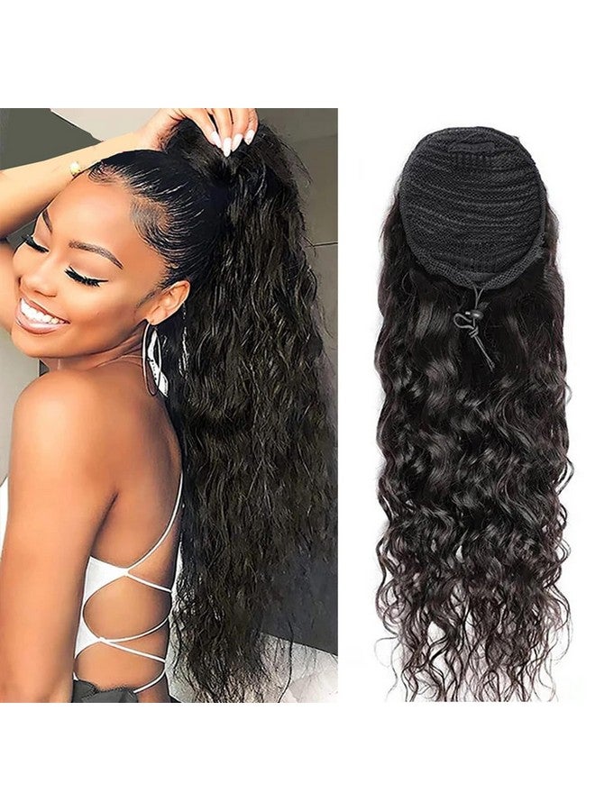 Feelgrace 100% Human Hair Drawstring Ponytail Extension Water Wave In Natural Color 1B Corn Wave Ponytail Clip In Extensions For Black Women Full End Hair 18 Inch - Image 1