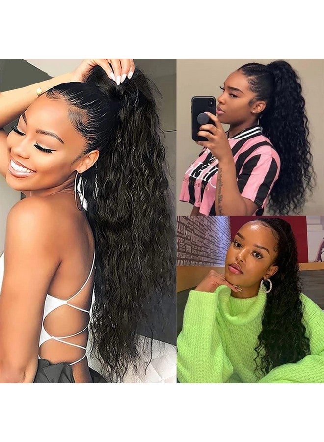 Feelgrace 100% Human Hair Drawstring Ponytail Extension Water Wave In Natural Color 1B Corn Wave Ponytail Clip In Extensions For Black Women Full End Hair 18 Inch - Image 3