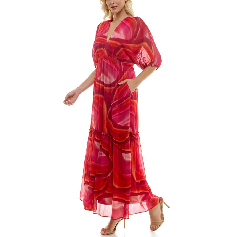 Taylor Dresses Women's Dolman Elbow Sleeve V-Neck Smocked Empire Waist Maxi Dress, Watermelon Pink, 2 - Image 2