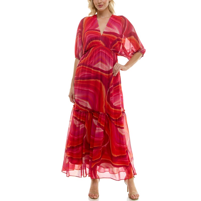 Taylor Dresses Women's Dolman Elbow Sleeve V-Neck Smocked Empire Waist Maxi Dress, Watermelon Pink, 2 - Image 1