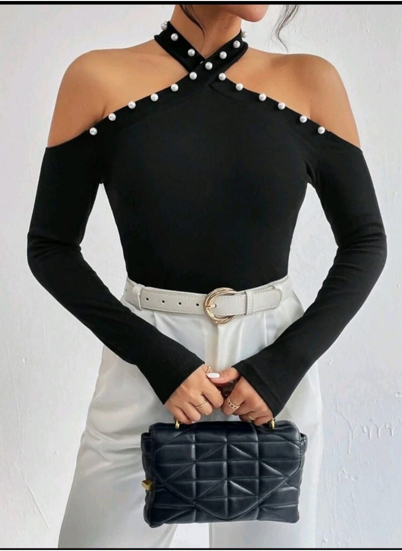 Shein - SHEIN Privé Beaded Tight-fitting Off-shoulder T-shirt - Image 1