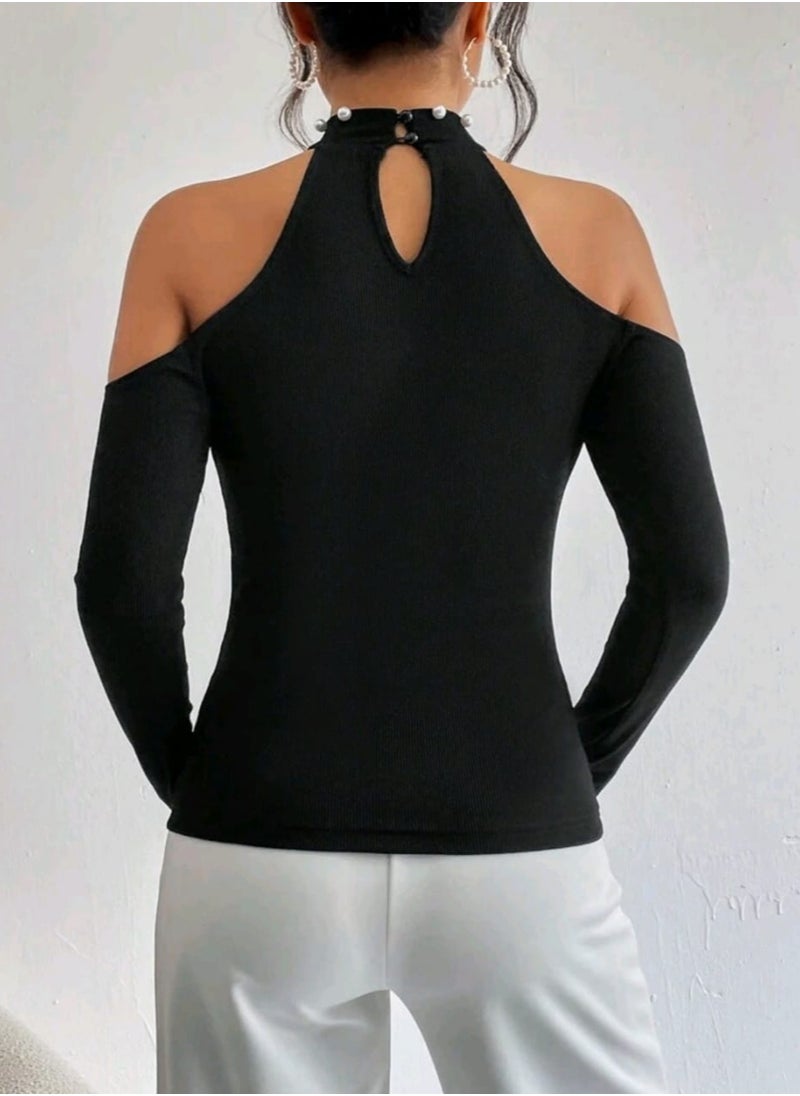 Shein - SHEIN Privé Beaded Tight-fitting Off-shoulder T-shirt - Image 1