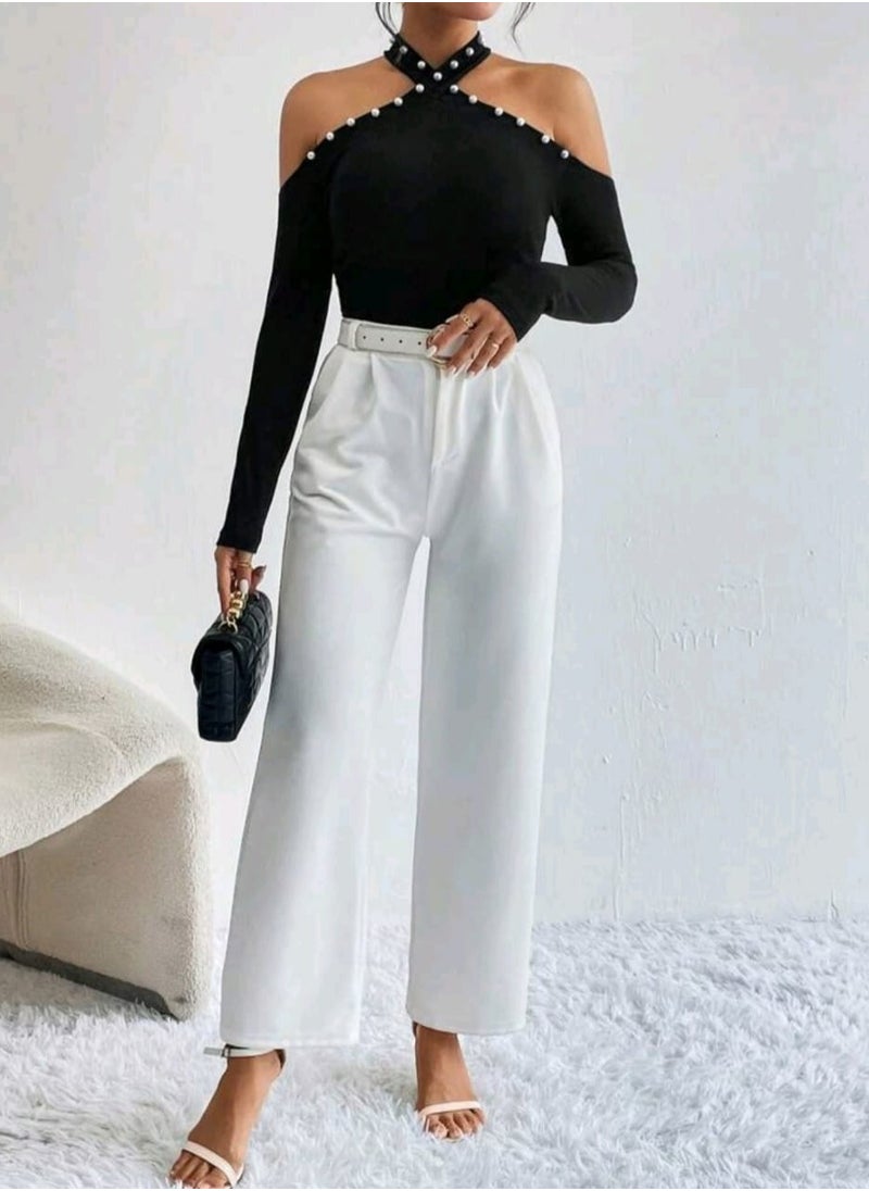 Shein - SHEIN Privé Beaded Tight-fitting Off-shoulder T-shirt - Image 1