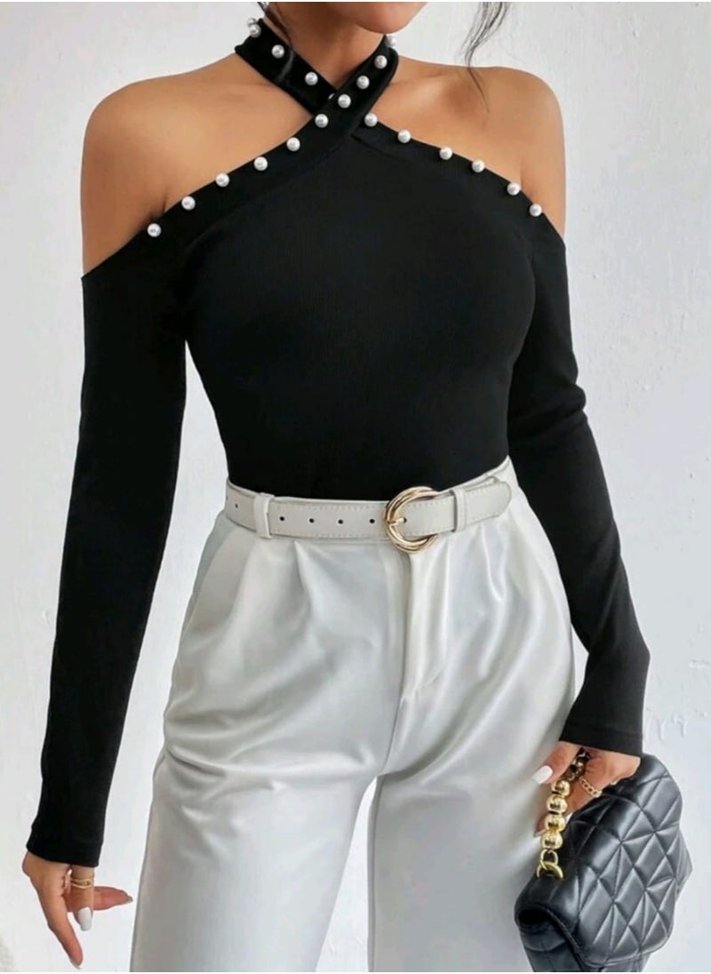 Shein - SHEIN Privé Beaded Tight-fitting Off-shoulder T-shirt - Image 1