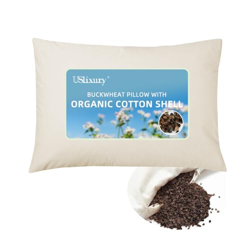 USlixury Organic Buckwheat Pillow for Sleeping - 14"X20" Buckwheat Hull Pillow with Organic Cotton Shell, Adjustable Height and Firmness, Firm Neck Support for Back/Side Sleepers, Cool Sleep, White - Image 1