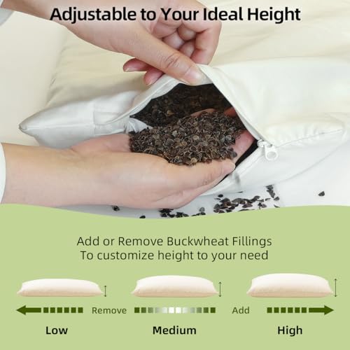 USlixury Organic Buckwheat Pillow for Sleeping - 14"X20" Buckwheat Hull Pillow with Organic Cotton Shell, Adjustable Height and Firmness, Firm Neck Support for Back/Side Sleepers, Cool Sleep, White - Image 2