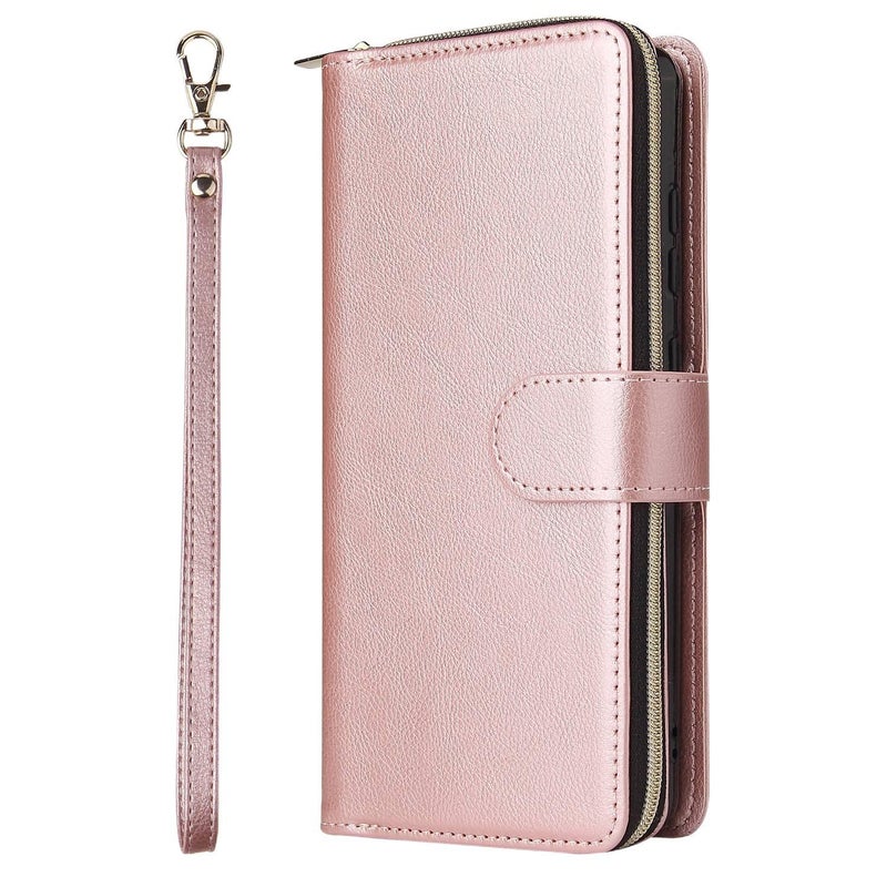 Drop Protection Leather Scratch Resistant Texture Phone Case for Redmi Note 13 Pro with Card Holder and Kickstand in Rose Gold finish - Image 1