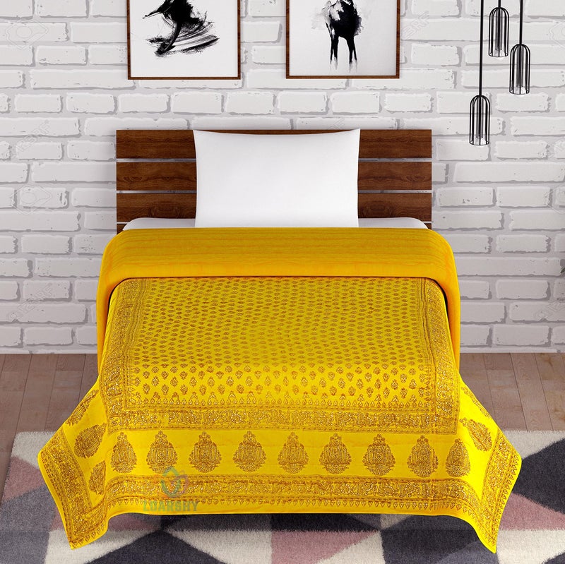 LOARSHY Pure Cotton Yellow Color Gold Dye Print Jaipuri Razai Light Weight Rajasthani Traditional Single Bed Soft Quilt AC Rajai (Size 55X85 inch) - Image 1