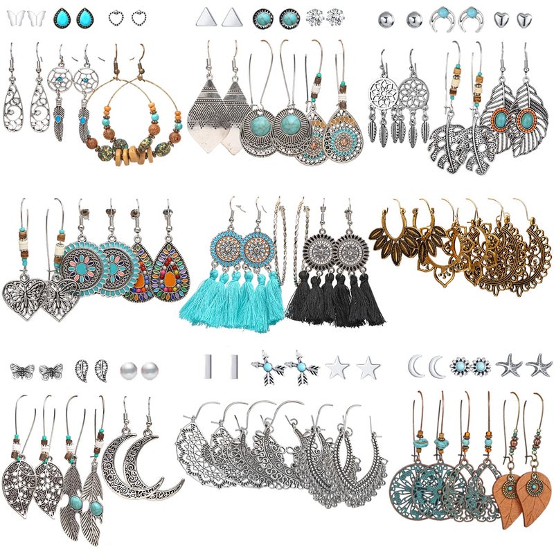 17mile 45 Pairs Vintage Silver Drop Dangle Earrings Set for Women Bohemian Bronze Waterdrop Leaf Earrings - Image 1
