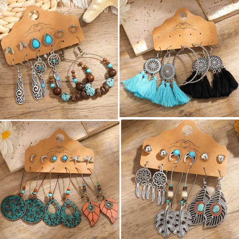 17mile 45 Pairs Vintage Silver Drop Dangle Earrings Set for Women Bohemian Bronze Waterdrop Leaf Earrings - Image 5