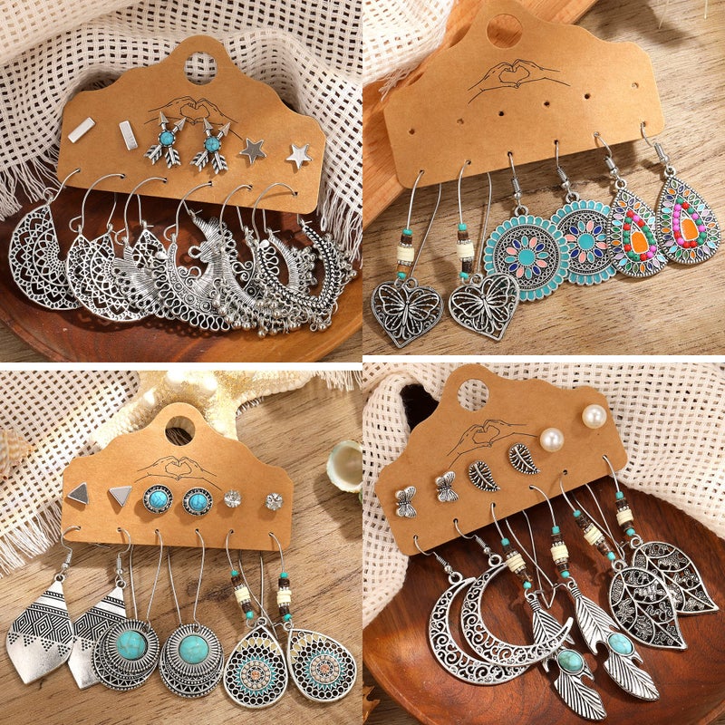 17mile 45 Pairs Vintage Silver Drop Dangle Earrings Set for Women Bohemian Bronze Waterdrop Leaf Earrings - Image 4