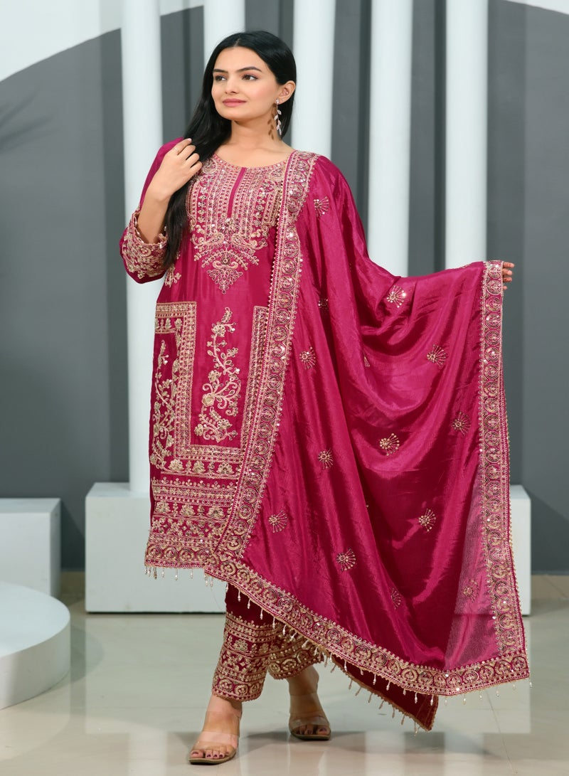Presenting new designer embroidered Chinnon suit with coding sequence embroidered work - Image 1