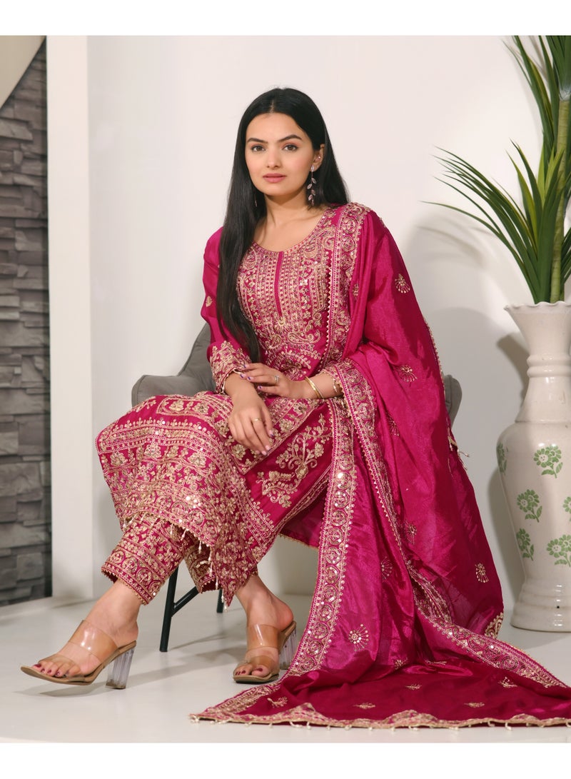 Presenting new designer embroidered Chinnon suit with coding sequence embroidered work - Image 3