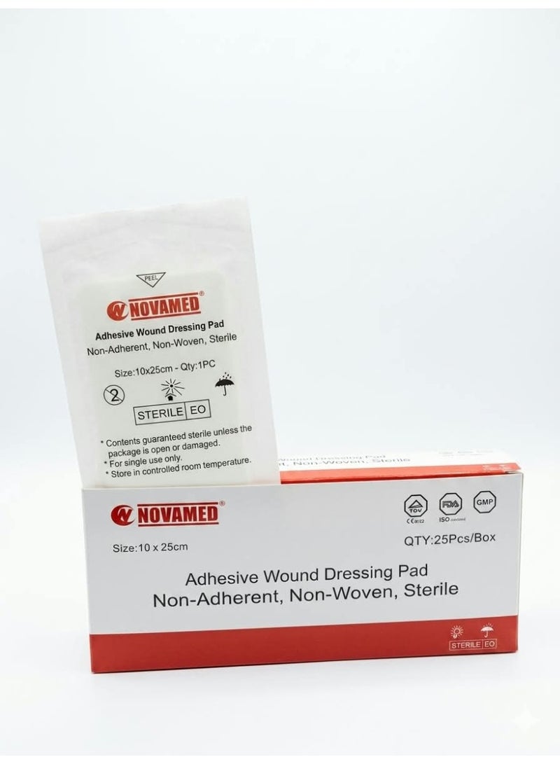 Novamed Adhesive Island Dressing Sterile Non-Adherent Wound Pad, 10x25 cm, 25 Count