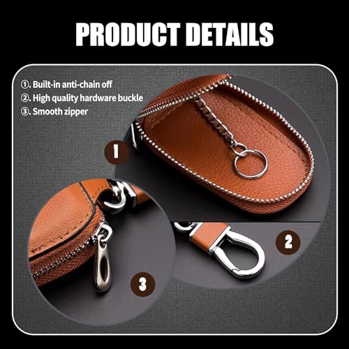 AUGEN Car Key Case, Genuine Leather Car Smart Key Chain Keychain Holder Metal Hook and Keyring Zipper Bag for Remote Key Fob (Pack of 1) (Brown B) - Image 4