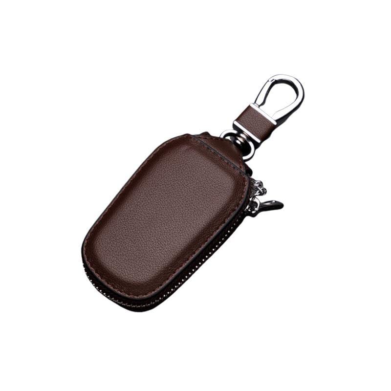 AUGEN Car Key Case, Genuine Leather Car Smart Key Chain Keychain Holder Metal Hook and Keyring Zipper Bag for Remote Key Fob (Pack of 1) (Brown B) - Image 1