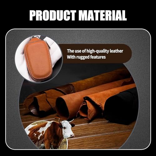 AUGEN Car Key Case, Genuine Leather Car Smart Key Chain Keychain Holder Metal Hook and Keyring Zipper Bag for Remote Key Fob (Pack of 1) (Brown B) - Image 5