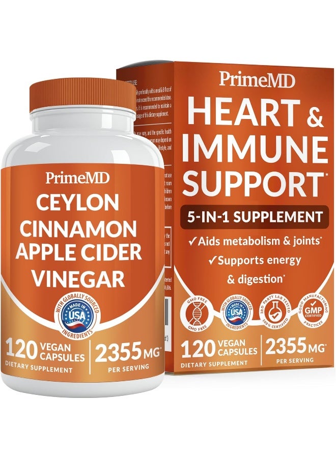 PrimeMD 5 In 1 Ceylon Cinnamon Supplements With Apple Cider Vinegar With Bioperine 120 Vegan Capsules 2355 Mg - Image 1