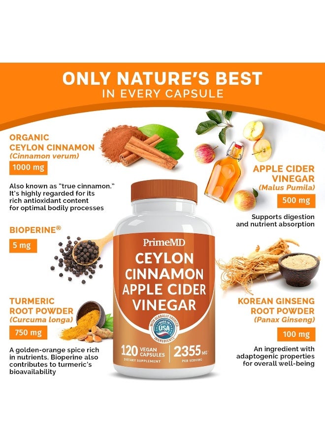 PrimeMD 5 In 1 Ceylon Cinnamon Supplements With Apple Cider Vinegar With Bioperine 120 Vegan Capsules 2355 Mg - Image 2