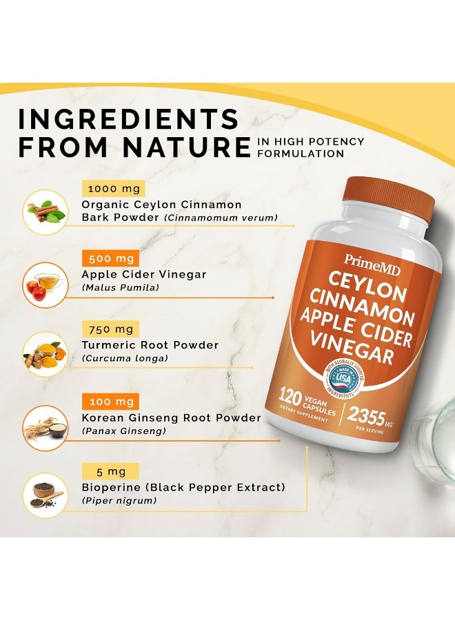 PrimeMD 5 In 1 Ceylon Cinnamon Supplements With Apple Cider Vinegar With Bioperine 120 Vegan Capsules 2355 Mg - Image 3