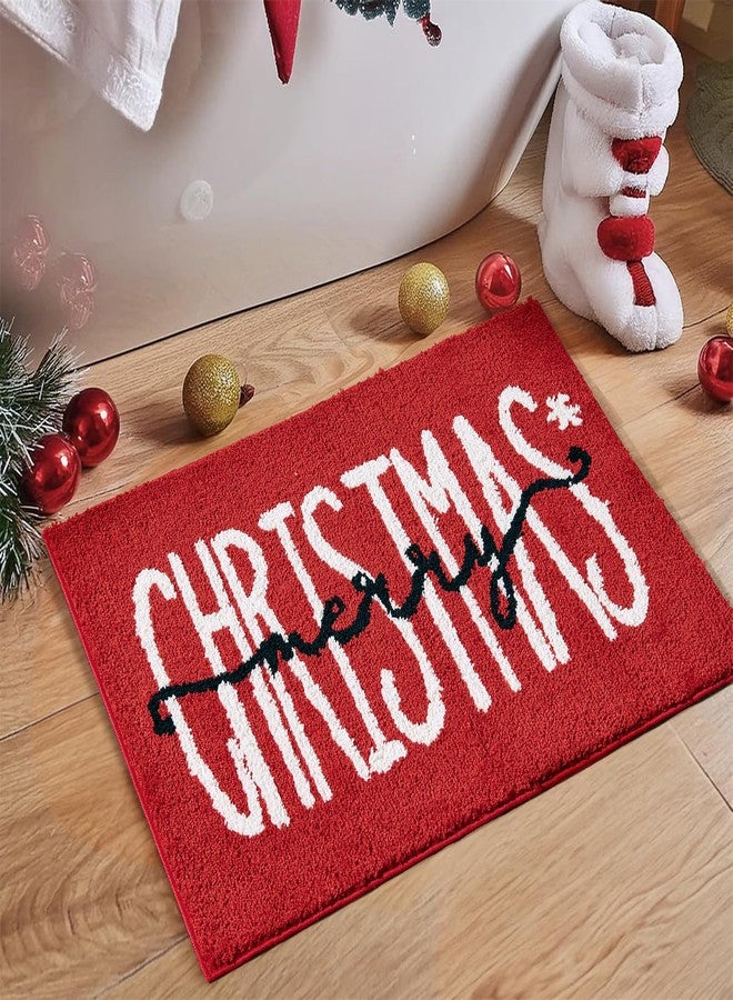 Ouyattle Red Merry Christmas Bath Mat for Bathroom Decorations 20’’W x 32’’L Winter Snowflake Cute Seasonal Xmas Bathroom Mat Non Slip Washable Microfiber Shaggy Absorbent Christmas Bath Rug - Image 1