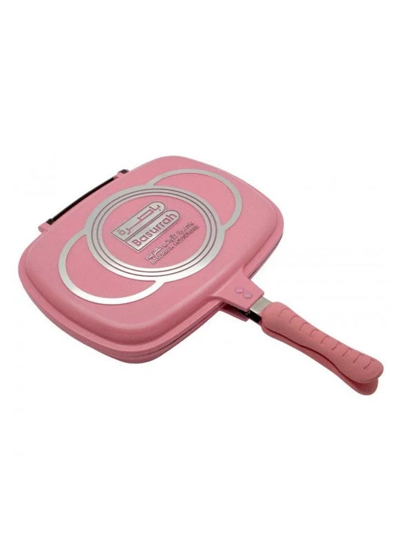 BASURRAH Pink Non-Stick Double Skillet - Pressure Grill for Fast Cooking, Grill Pan for Even Cooking and Frying, Comfortable Heat-Insulated Handle 