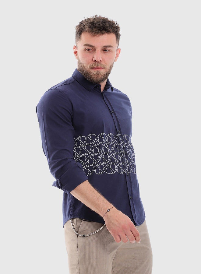 WHITE RABBIT Printed Long Sleeves Button Down Shirt -Navy Blue - Image 2