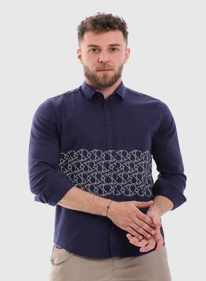 WHITE RABBIT Printed Long Sleeves Button Down Shirt -Navy Blue - Image 1