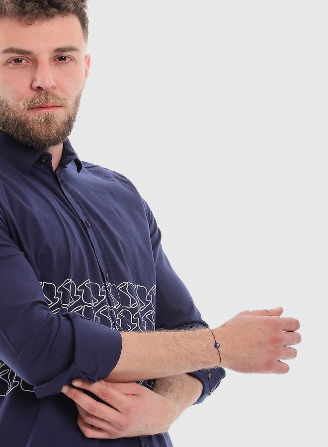 WHITE RABBIT Printed Long Sleeves Button Down Shirt -Navy Blue - Image 4