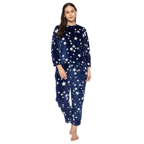 CAMEY Women's Printed Full Sleeve Round-Neck Top and Pyjama Pants with Pockets (Navy, XS) - Image 1