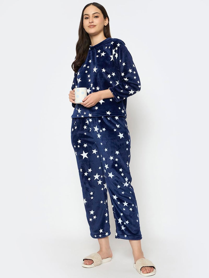 CAMEY Women's Printed Full Sleeve Round-Neck Top and Pyjama Pants with Pockets (Navy, XS) - Image 2