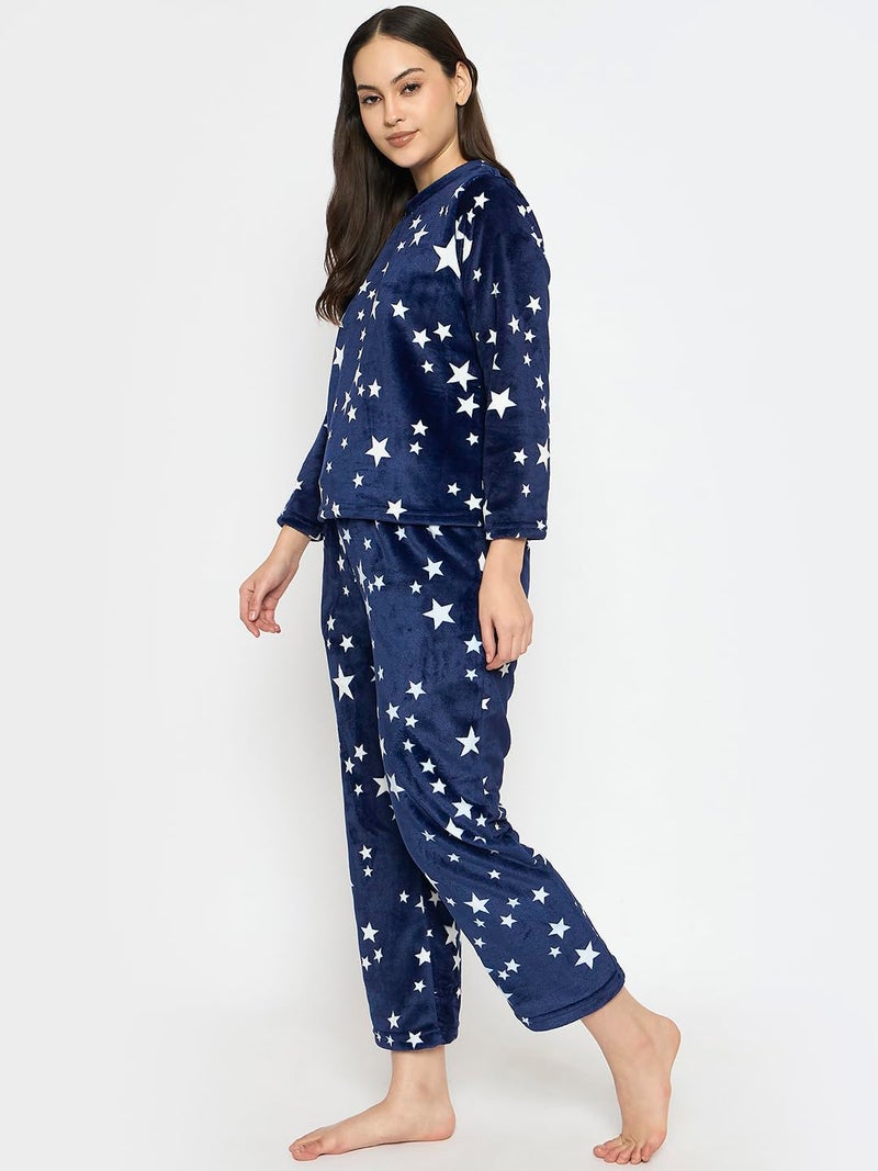CAMEY Women's Printed Full Sleeve Round-Neck Top and Pyjama Pants with Pockets (Navy, XS) - Image 3