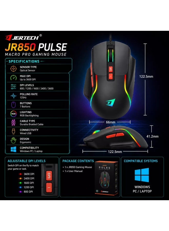 جيرتك فأرة الألعاب السلكية JR850 PULSE RGB - تصميم مريح، 7 أزرار، دقة قابلة للتعديل تصل إلى 4800 نقطة في البوصة (رمادي أسود) - Image 3